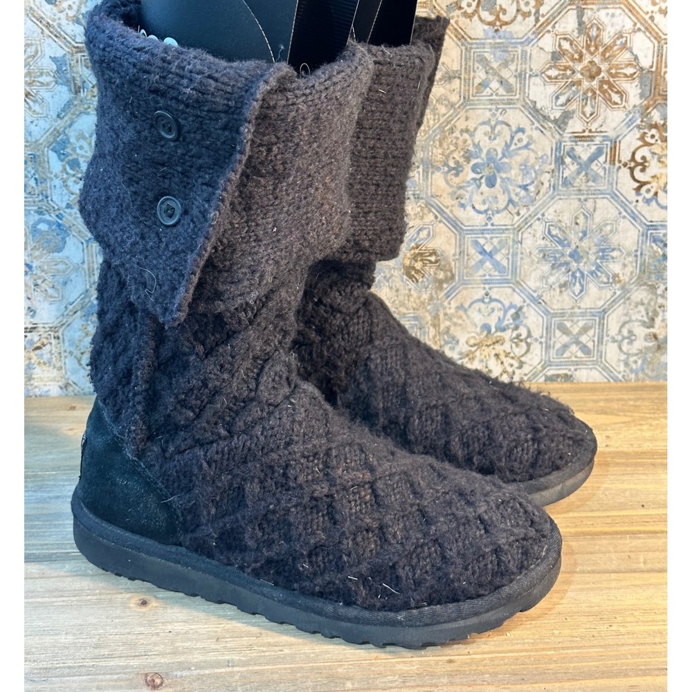 UGG Lattice Cardy Knit Button Boots Cozy Winter Womens 8 Black